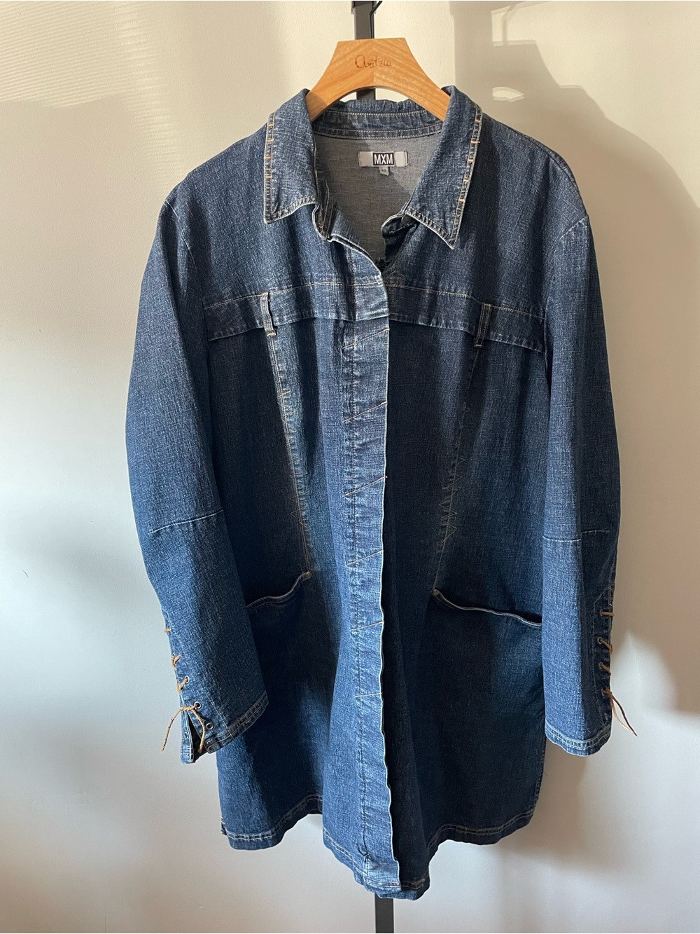 Y2K Vintage MXM Longline Denim Jean Jacket Corset Lace Up Oversized Plus Size